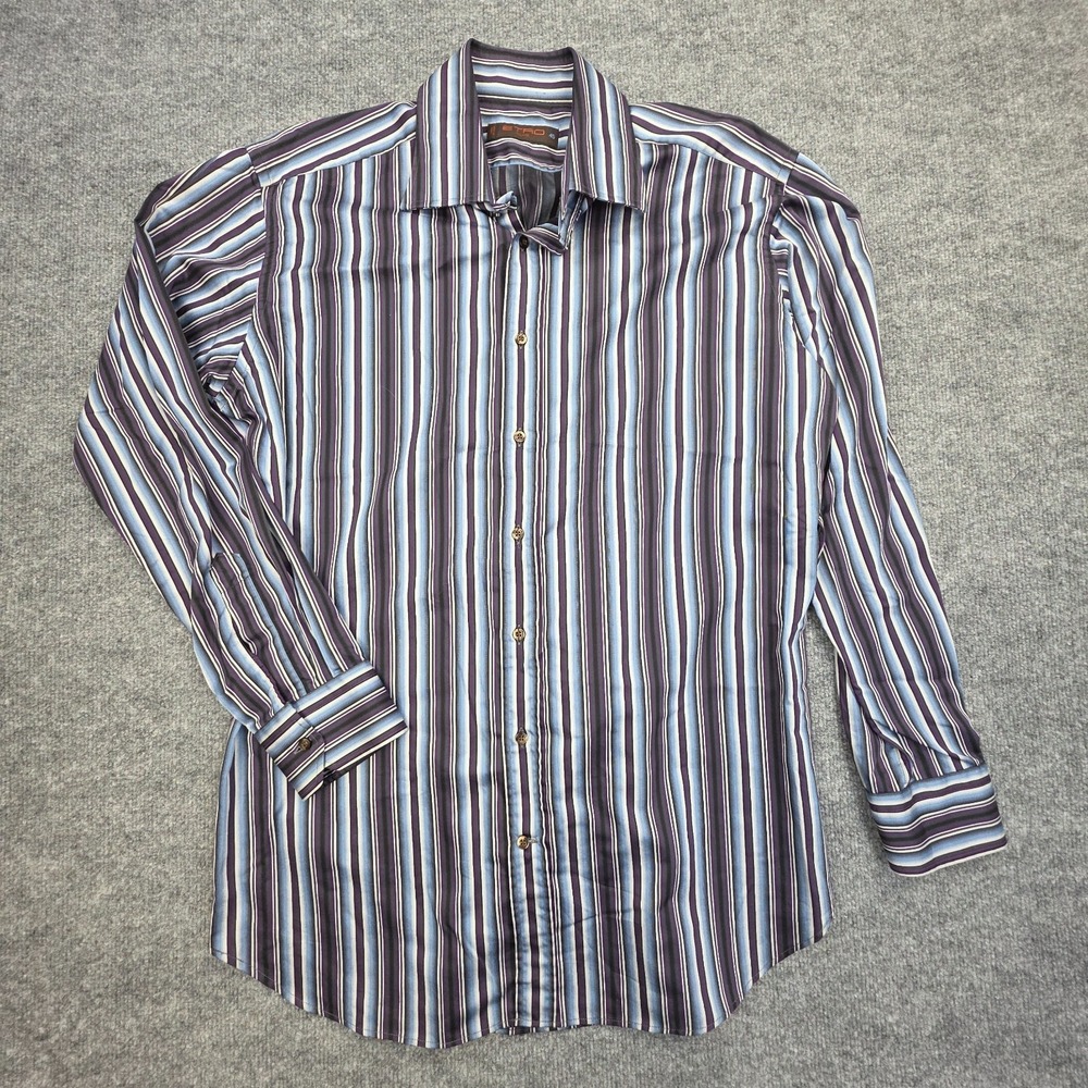ETRO Milano Striped Shirt Men's 45 Purple Blue Dress Shirt Button Up Italy
